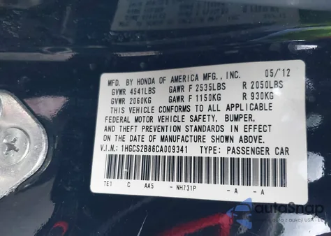 2012 Honda Accord 3.5 Ex-L from USA, damaged, VIN 1HGCS2B86CA009341